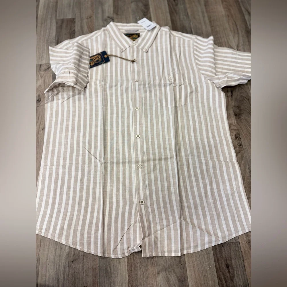 NWT Frontier‎ Threads XL Beige Stripe Short Sleeve Button Down Shirt Mens